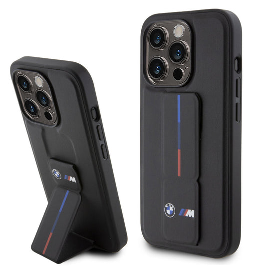 BMW Back-Cover mit Tricolor Gripstand für iPhone 15 Pro und 15 Pro Max – Schwarz, sportlich, elegant