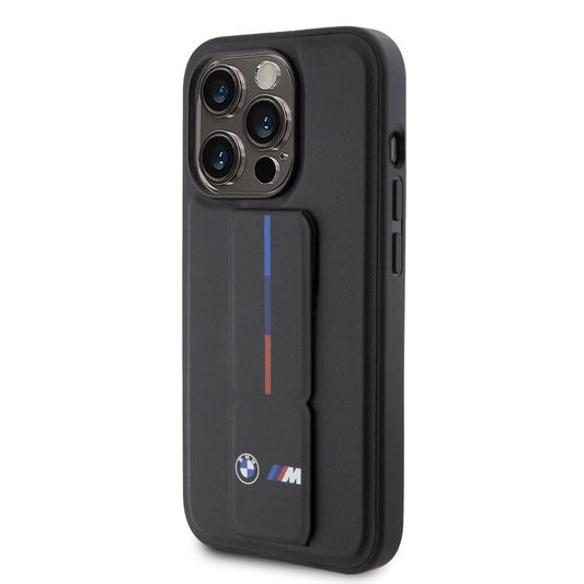 BMW Back-Cover mit Tricolor Gripstand für iPhone 15 Pro und 15 Pro Max – Schwarz, sportlich, elegant