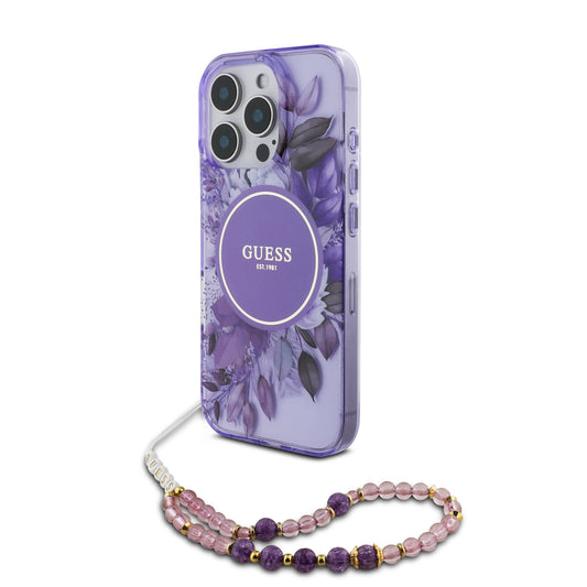 Guess iPhone 16 Pro Max Hülle – MagSafe mit Blumen-Design & Perlenband in Lila
