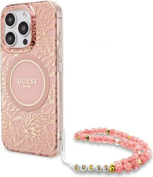 Guess iPhone 16 Pro Hülle – IML Flowers Allover Electro mit Perlen-Strap und MagSafe – Rosa