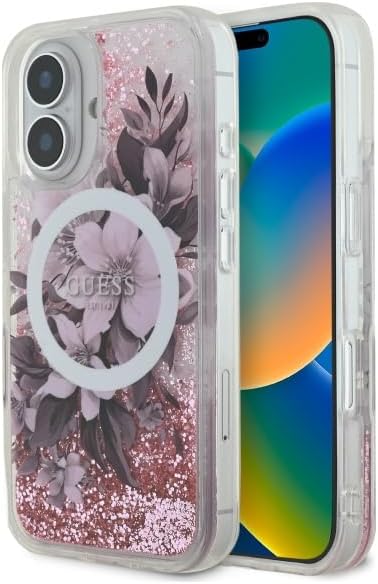 Guess iPhone 16 Hülle Case Liquid Glitter Flower MagSafe Rosa