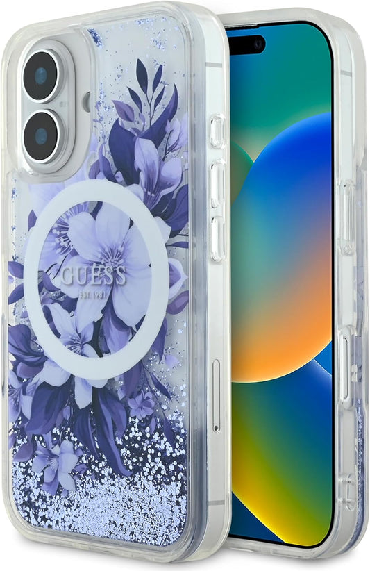 Guess iPhone 16 Hülle Case MagSafe Liquid Glitter Flower Violett