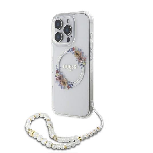 Guess iPhone 16 Pro Hülle – Flower Wreath Design mit MagSafe & Perlenstrap