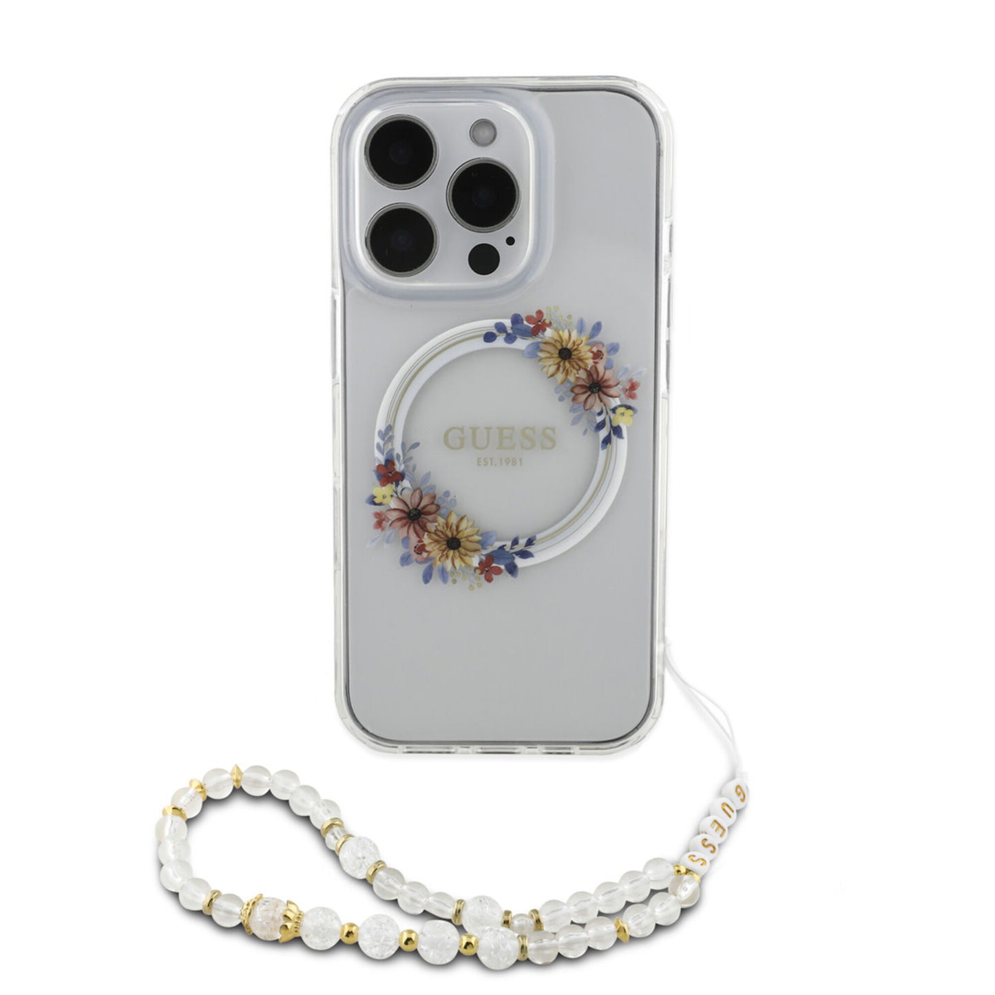Guess iPhone 16 Pro Hülle – Flower Wreath Design mit MagSafe & Perlenstrap