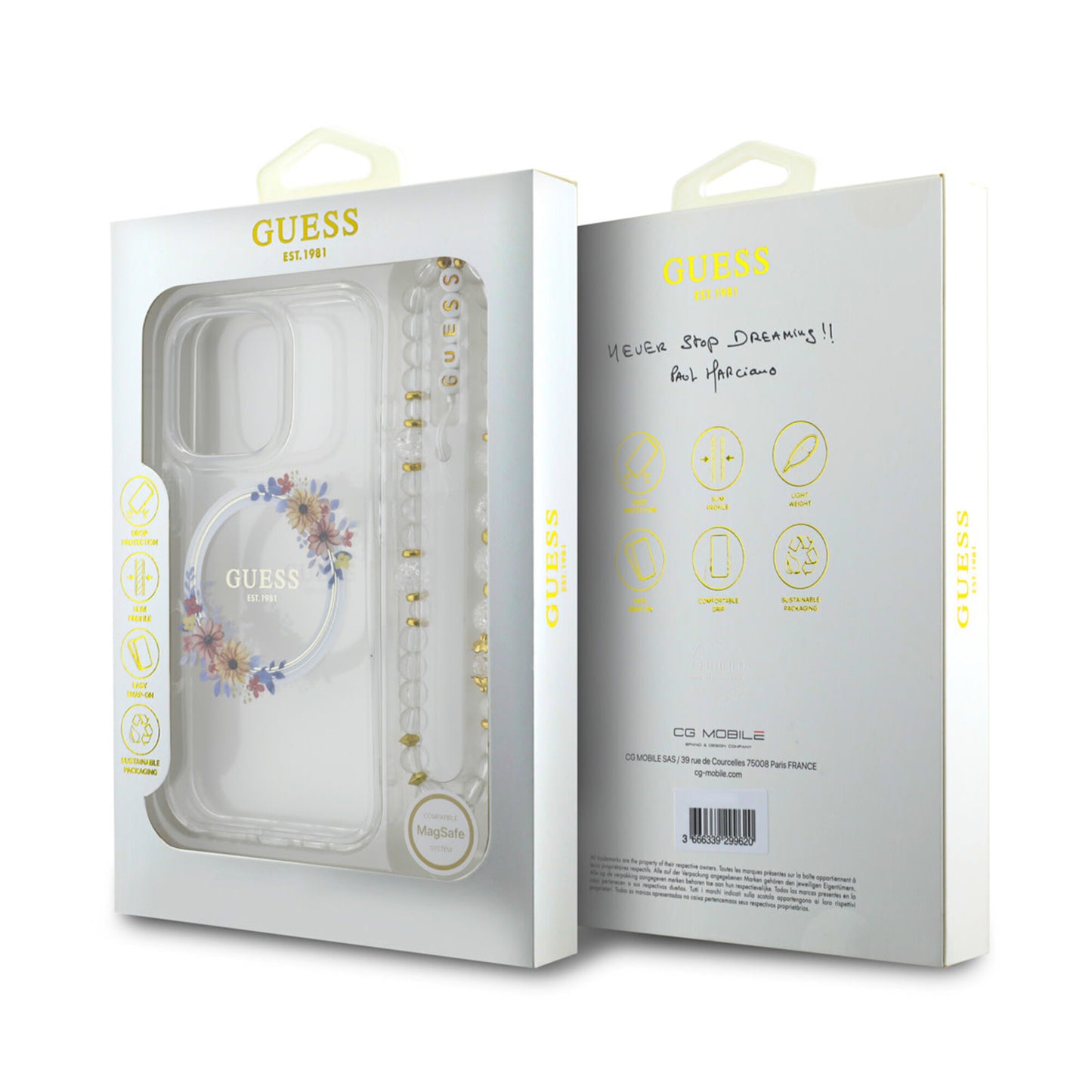 Guess iPhone 16 Pro Hülle – Flower Wreath Design mit MagSafe & Perlenstrap
