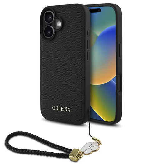 Guess iPhone 16 Hülle – Grained Backcover mit MagSafe und Blumen-Anhänger – Schwarz