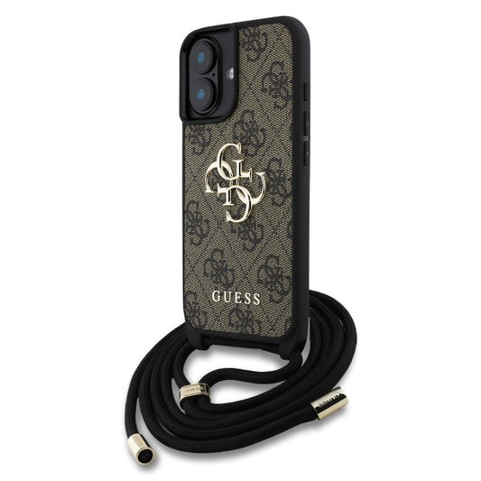Guess iPhone 16 Hülle Case 4G Big Logo Stap Crossbody Cord Braun