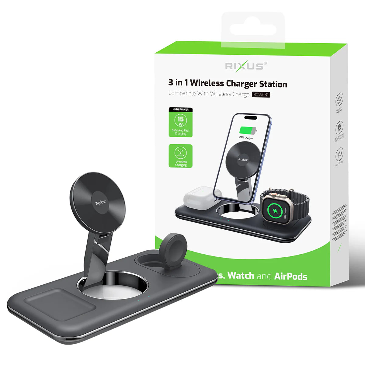 Rixus RXWC31 3-in-1 Wireless Charger Stand – Ladegerät fürs iPhone, Watch & AirPods