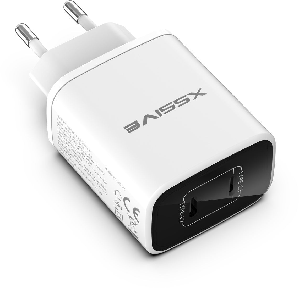 Xssive GaN 67W PDW Schnellladegerät USB-A + 2×USB-C – Weiß