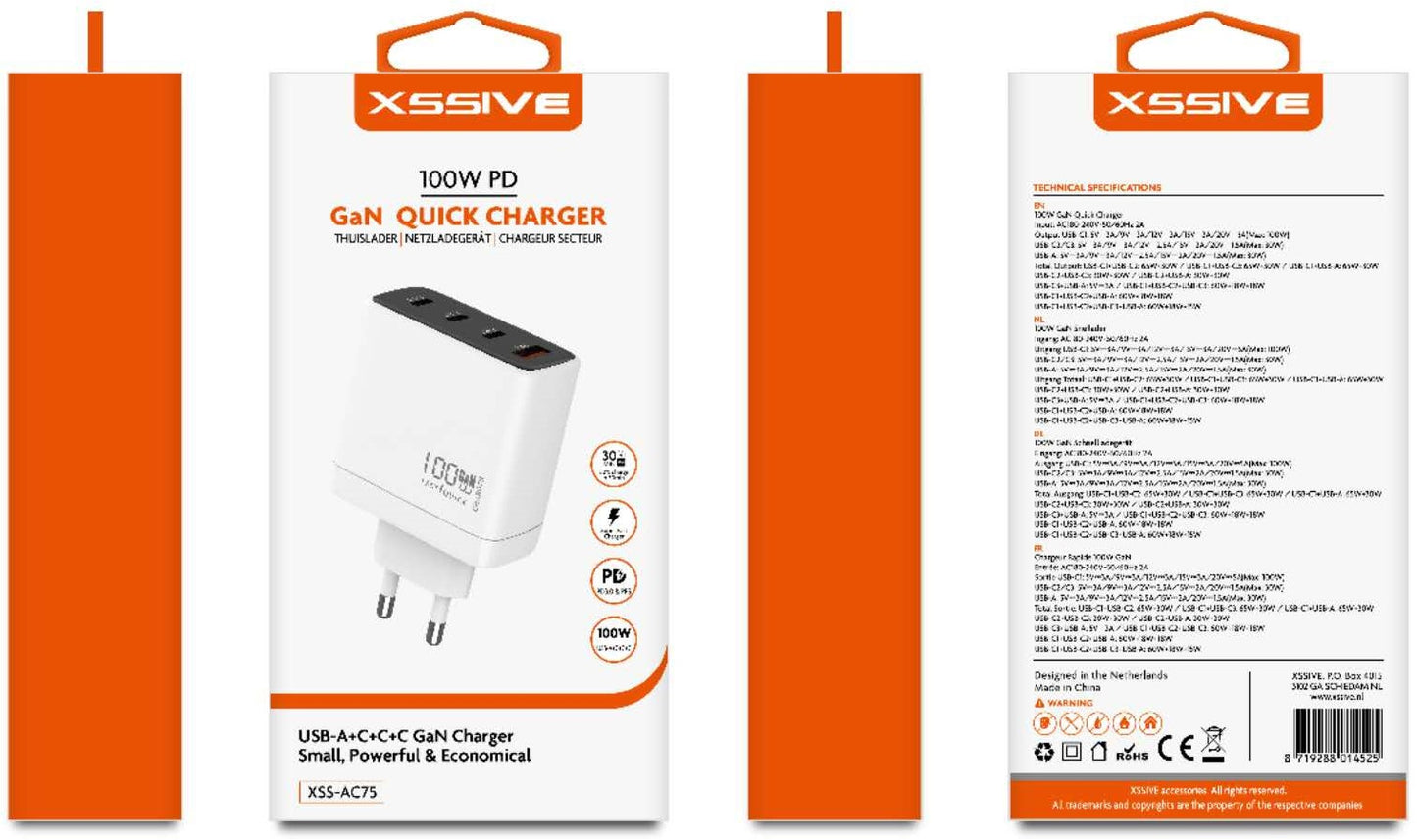 Xssive GaN 67W PDW Schnellladegerät USB-A + 2×USB-C – Weiß