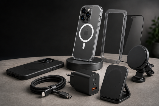 Smartphone Zubehör mit Handyhülle, Displayschutzglas, Ladekabel, Ladegerät, kabellosem Ladegerät und KFZ-Halterung auf moderner Oberfläche