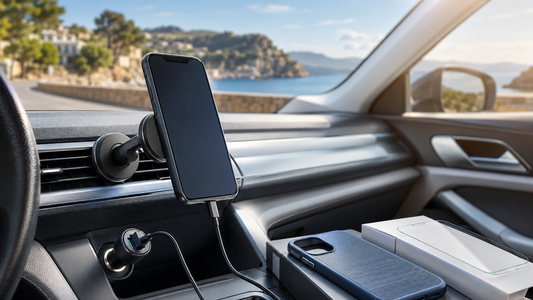 Handy-Zubehör für Urlaub und Autofahrt mit Smartphone-Halterung, Ladekabel und Schutzhülle