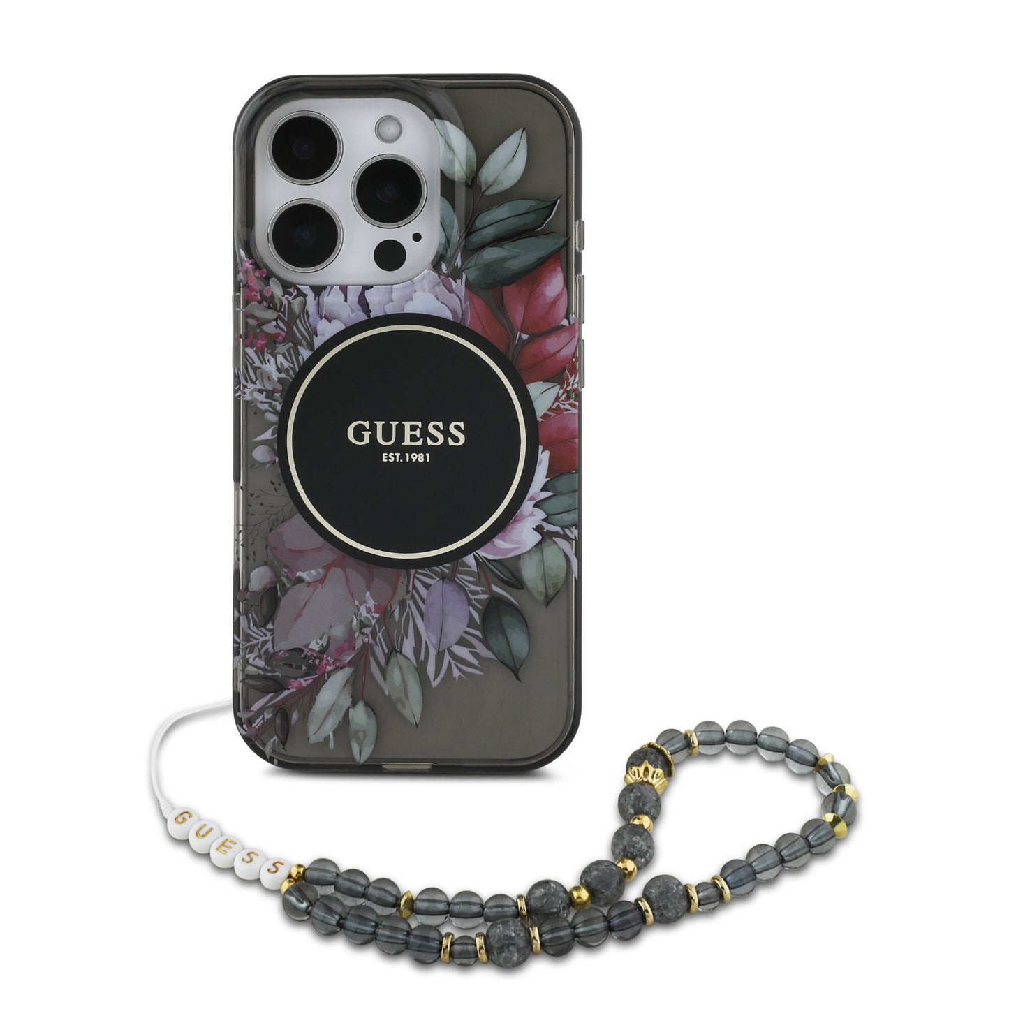 Guess iPhone 16 Pro Max Hülle – MagSafe mit Blumen-Design & Perlenband in schwarz