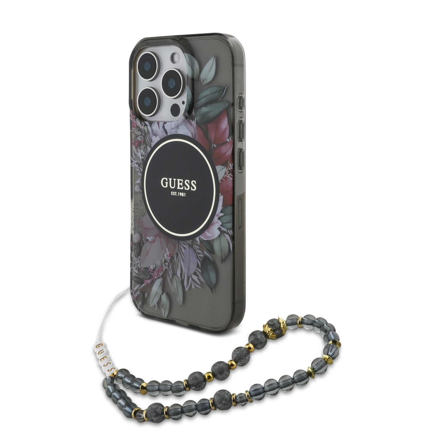 Guess iPhone 16 Pro Max Hülle – MagSafe mit Blumen-Design & Perlenband in schwarz