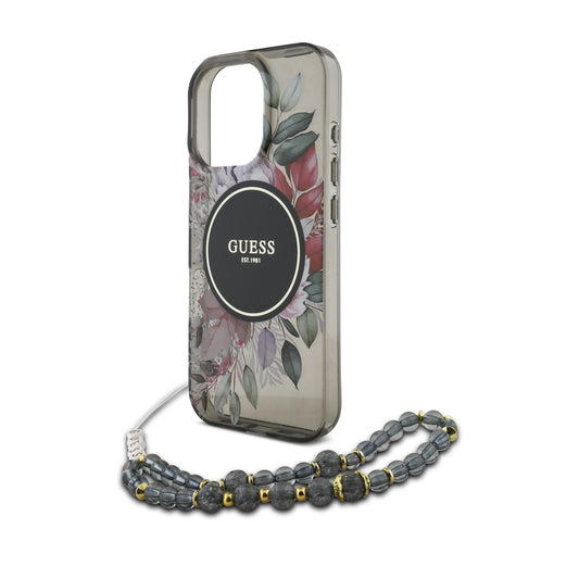 Guess iPhone 16 Pro Max Hülle – MagSafe mit Blumen-Design & Perlenband in schwarz