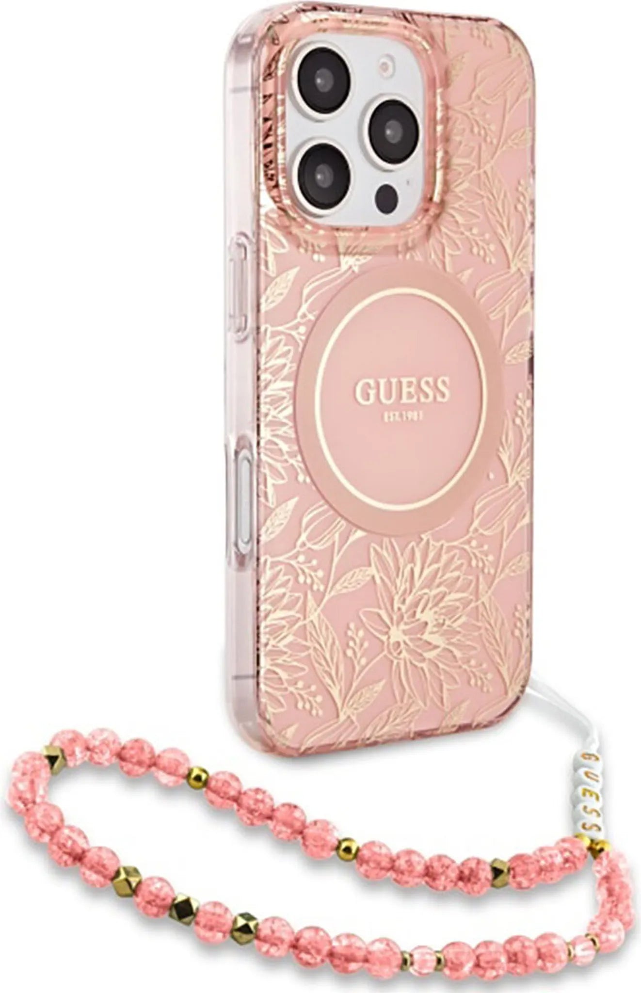 Guess iPhone 16 Pro Hülle – IML Flowers Allover Electro mit Perlen-Strap und MagSafe – Rosa