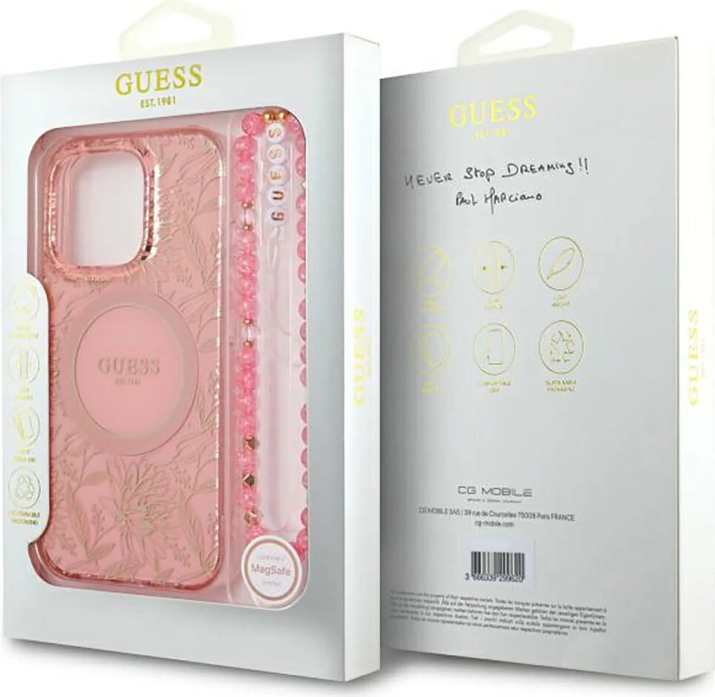 Guess iPhone 16 Pro Hülle – IML Flowers Allover Electro mit Perlen-Strap und MagSafe – Rosa