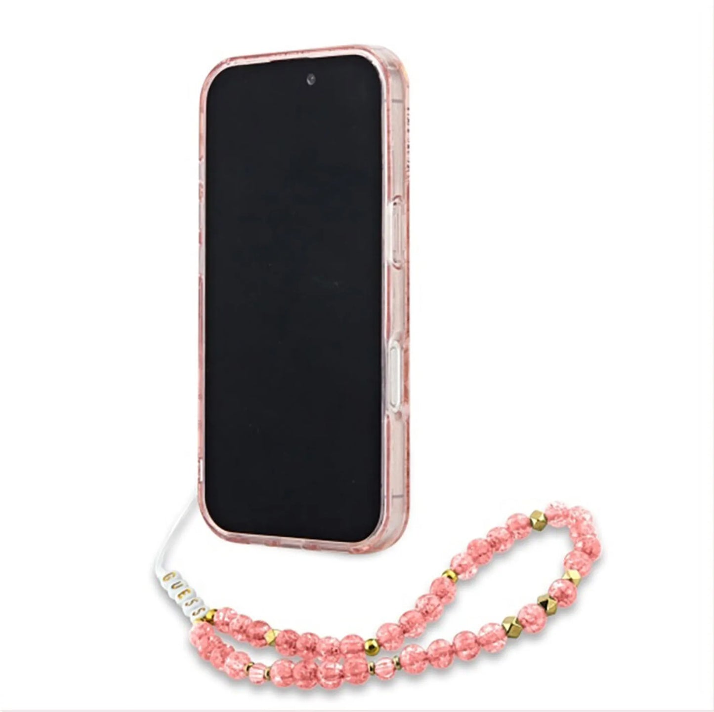 Guess iPhone 16 Pro Hülle – IML Flowers Allover Electro mit Perlen-Strap und MagSafe – Rosa