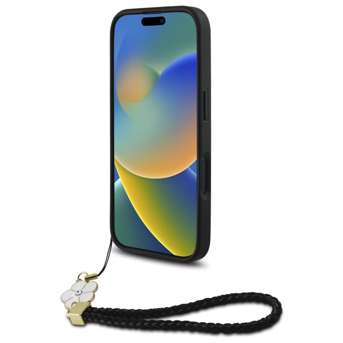 Guess iPhone 16 Hülle – Grained Backcover mit MagSafe und Blumen-Anhänger – Schwarz