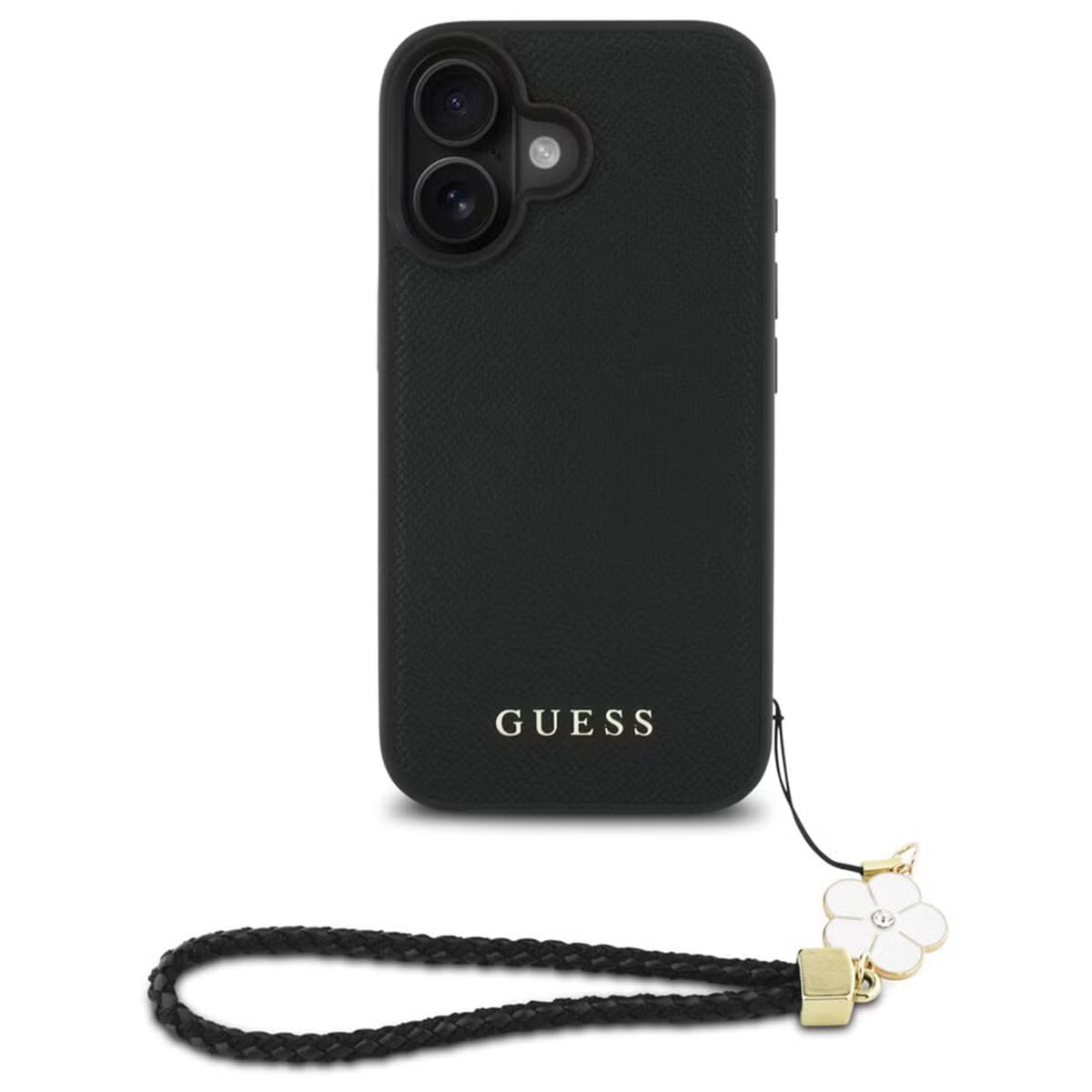 Guess iPhone 16 Hülle – Grained Backcover mit MagSafe und Blumen-Anhänger – Schwarz