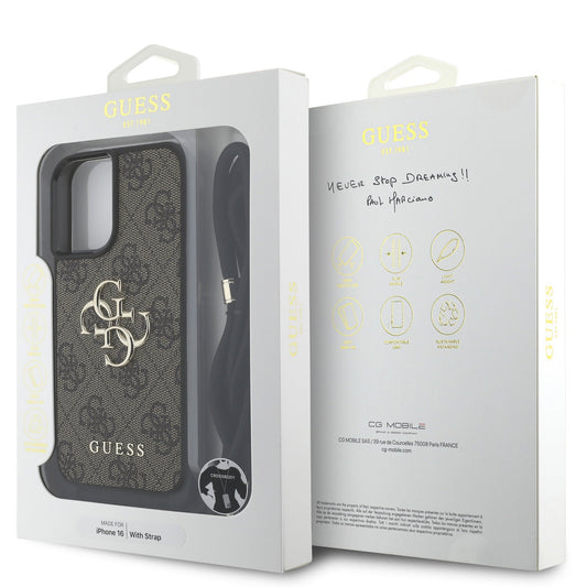 Guess iPhone 16 Hülle Case 4G Big Logo Stap Crossbody Cord Braun