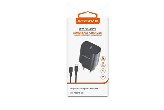 Xssive 25W PD3.0 Super Fast Charger mit USB-C zu USB-C Kabel – Schwarz